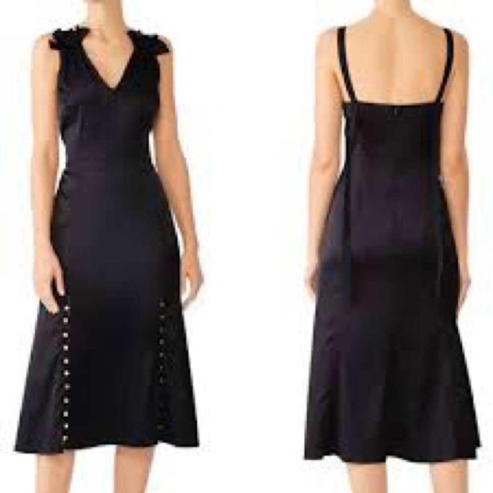 Prabal Gurung Black Satin Ruffle Midi V-Neck Dress Silky Size 4 Luxury Event